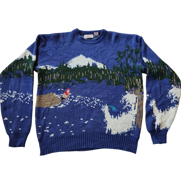 Vintage AOP Knit Fishing Nature Grandpa Sweater Sz L - Picture 1 of 6